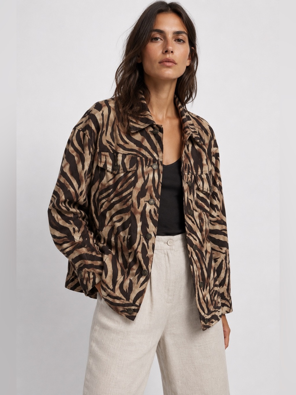 Vintage $170 MSRP Carol Little 100% Linen Zebra Print light weight jacket